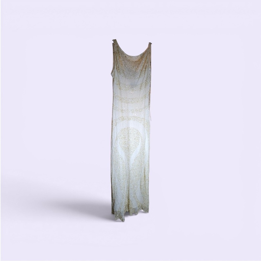 Vintage Chaudry Gown Beaded Sequin Formal Evening Dress Sleeveless Floor Length